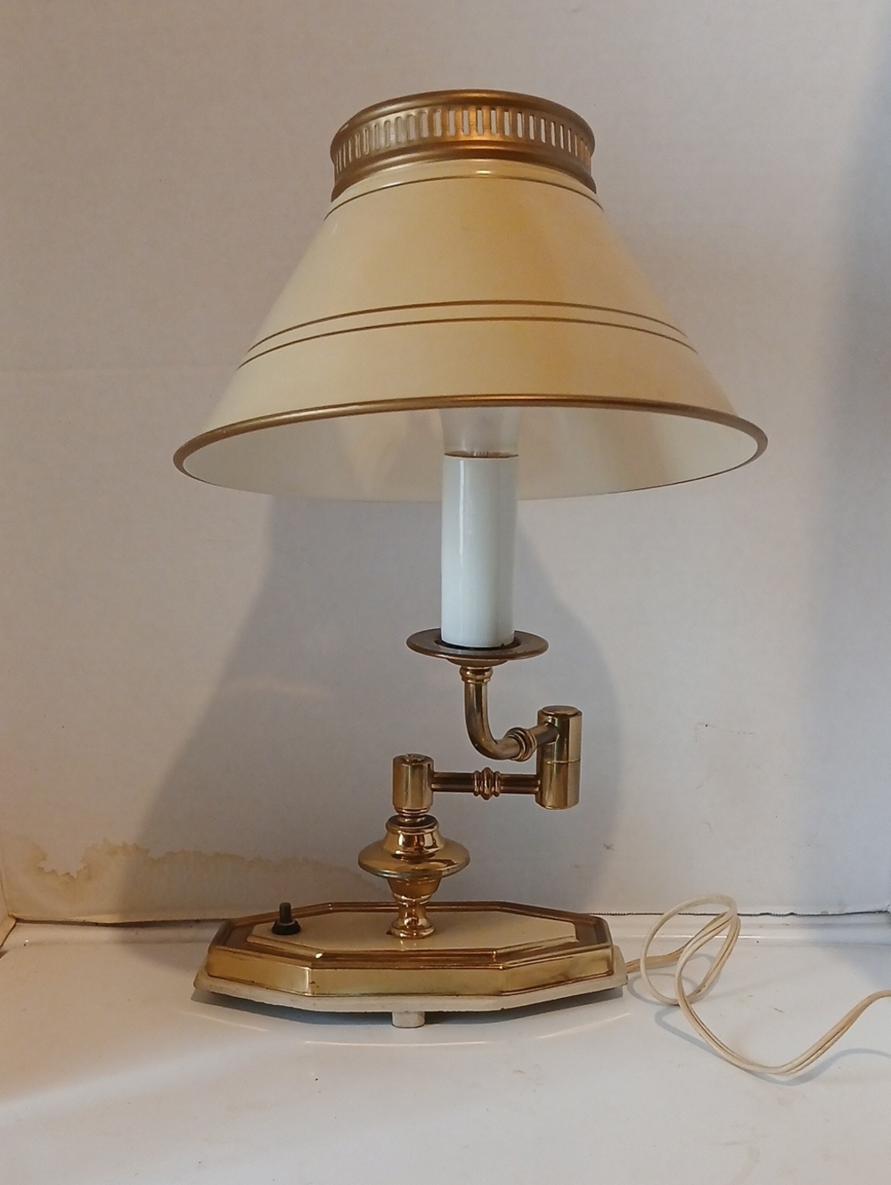Vtg Brass Swing-Arm Table Lamp with Cream Shade